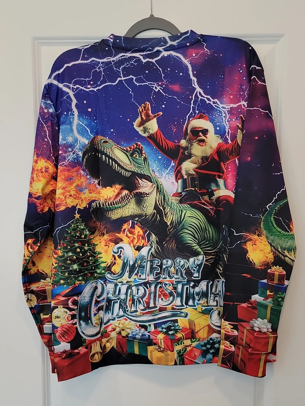Ugly Christmas Sweater Santa On Dinosaur Large Unisex Merry Christmas